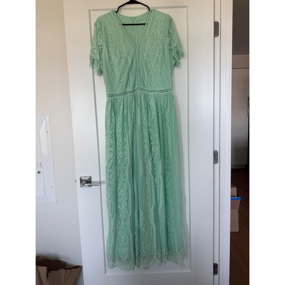 Mint Green Floral Lace V-Neck Maxi Dress Short Sleeve 2XL Wedding Guest Boho